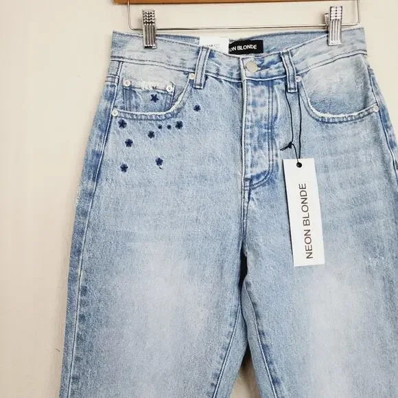 Neon Blonde Siren Starstruck Straight Leg Jeans NWT High Rise Embroidered 25 - Picture 5 of 8
